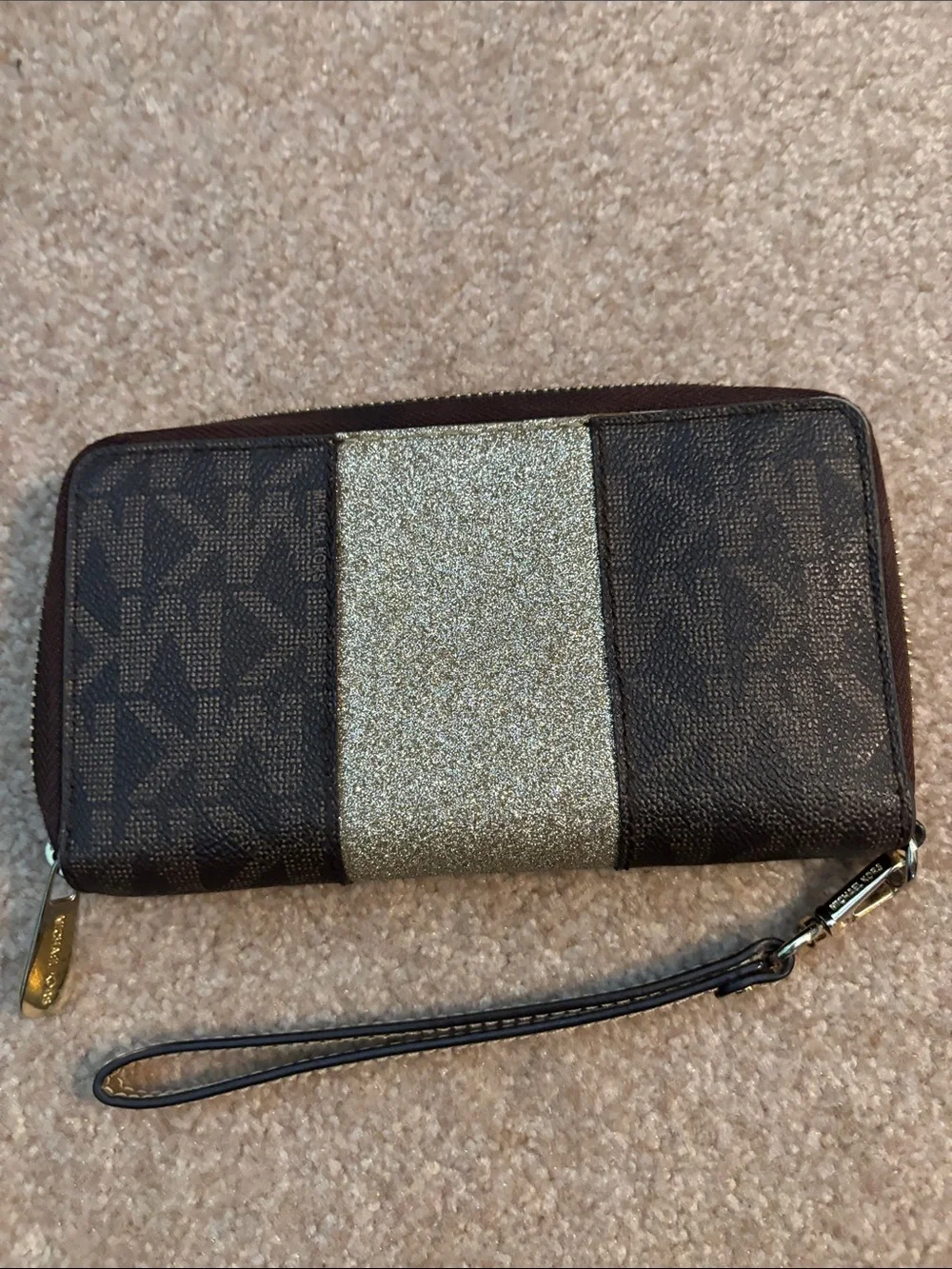 Michael Kors Brown Wallet with Gold Glitter Center Stripe